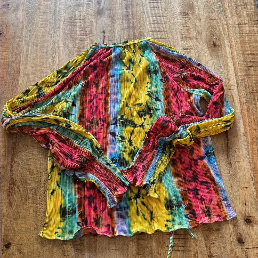 Ramy Brook micro pleated tie dye shirt blouse top pink yellow Bloomingdale’s NWT